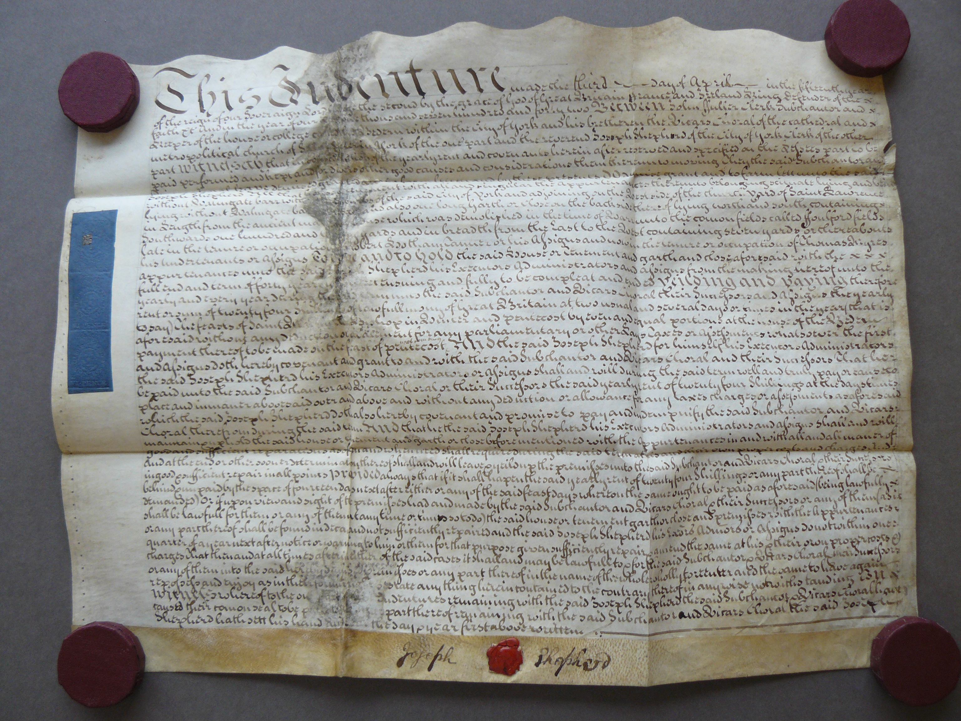Image: Parchment indenture from Vicars Choral Estates CC. V/C 10 York/Wal. 2, 15th April 1742 (By permission of The Borthwick Institute for Archives)